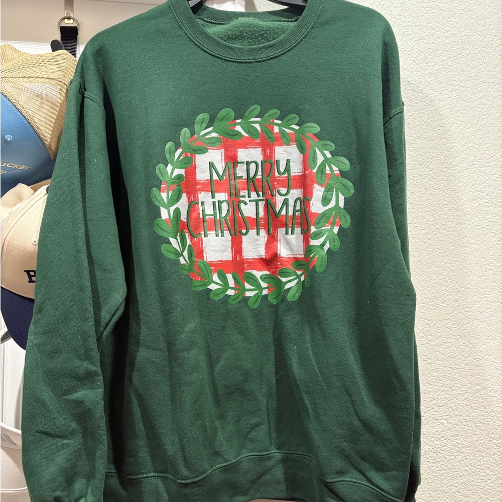 Festive Green Crewneck Sweater with Merry Christmas Design